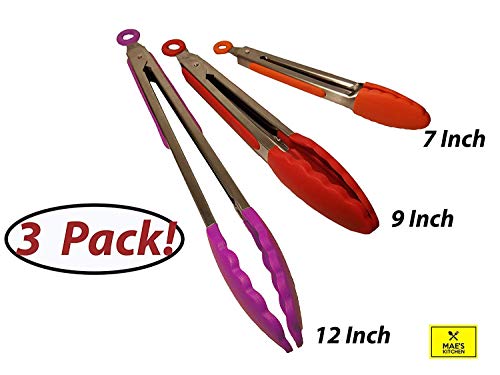 Silicone Kitchen Tongs 3 Pack - 7, 9, 12 Inch, Heavy Duty, Non-Stick | With Silicone Tips | Tongs For Cooking | Dishwasher Safe | Stainless Steel | Heat Resistant (Up To 480F) & BPA Free | BBQ Turners