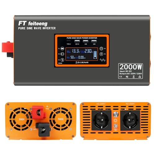 2000W/4000W inverter 12v 220v onda pura , pure sine wave inverter con 3 porte USB e 2 presa standard europea, adatto per attività all'aperto, viaggi, alimentazione di emergenza