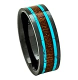 Men's Koa Wood Wedding Band with Turquoise 8mm Flat Top Black Ceramic Size 7 to 15