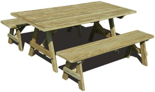 Picnic Table Traditional Style with 2 Wooden Benches, 8 Foot Treated Pine Wood, Outdoor Dining Set