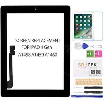 for iPad 4 Screen Replacement-SRJTEK Touch Screen for iPad 4 4rd Gen A1458 A1459 A1460 Digitizer Glass Sensor Assembly Repair Parts Kits,Include Home Button,Adhesive,Tempered Glass Black