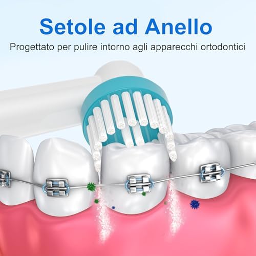 16 testine Ortho Care, compatibili con spazzolino elettrico Braun Oral B per una pulizia precisa intorno alle parentesi graffe.
