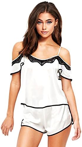 Mobisi Womens White Satin Pajamas Short Sleeve Cami Shorts Set Sleepwear Nightwear