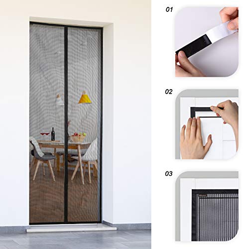 MUANNA Magnetic Screen Door - Ultra Strong Heavy Duty Mesh with Magnets - Hands Free, Self Magnetic Seal, Keeps Bugs Out, Pet and Kid Friendly - Fits Door Size Up to W 34\'\' x H82\'\', Black