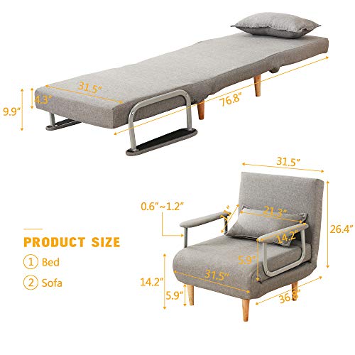 windaze Folding Sofa Bed Portable Sleeper Chaise Lounges with Detachable Armrest and Memory Foam Mattress,Leisure Recliner Lounge Couch for Guest(Grey) - Thumbnail 6