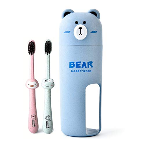 2 PCS Cute Bear Kids Children Soft Bamboo Toothbrush with Wheat Cup (Blue)