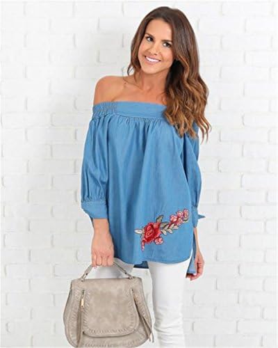 Dongpai Women's Off Shoulder Floral Embroidery 3/4 Cuffed Sleeve Denim Blouse T-Shirt Tops