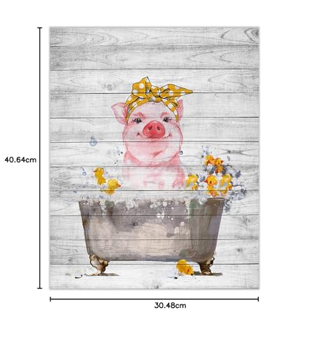 HVEST Farm Animal Pig Wall Art Framed for Bathroom,Funny Pink Pig in Retro Bathtub on Rustic Wood Board Canvas Abstract Painting Modern Artwork Ready to Hanging for Home Living Room Decor,12x16Inchs