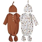 woshilaocai 2 Pack Baby Boy Girl Gown Sleeper Newborn Knotted Nightgown and Hat Set Infant Sleepwear