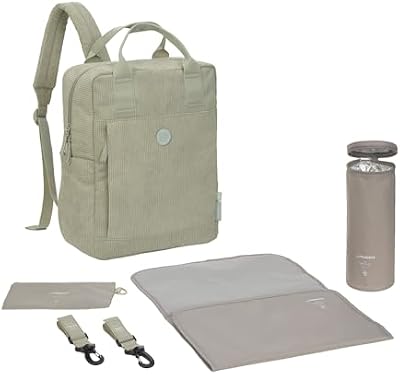 Baby Wickelrucksack Wickeltasche Rucksack mit Wickelunterlage, Kinderwagenbefestigung, Flaschenhalter nachhaltig produziert/GRE Vividal Backpack cord light khaki