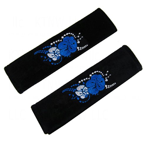 Click Here to See More Images Pair of Embroidered Polyester Seat Belt Pads - Blue Hawaiian Hibiscus Flower