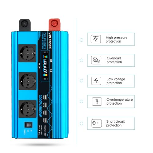 Yinleader Converter 12v 220v Pure Sine 3000W/6000W Pure Sine Inverter 3 European Sockets and 4 USB Ports LCD Voltage Display (with Remote Control)