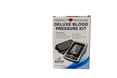 Blue Jay Perfect Measure Deluxe Large Digit Arm Blood Pressure Kit - Blood Pressure Measuring Kit, Adult BP Meter, 2 Arm Cuffs, AC Adapter Charger, Professional Diagnostic Device. Health Monitors