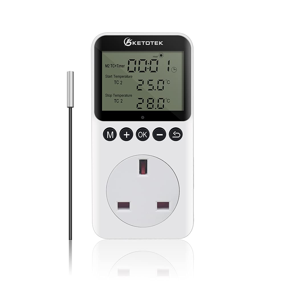 KETOTEK Day Night Temperature Controller Plug Outlet Digital Thermostat Socket Heating Cooling Temp Controller with Sensor Timer Switch for Reptile Greenhouse Brewing Refrigerator