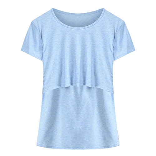 Minisoya Women Maternity T-Shirt Double Layer Nursing Baby Wrapped Tunic Tops Casual Short Sleeve Breast Feeding Blouse (Blue, XL)