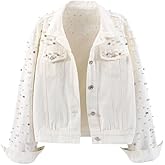 LifeShe Women's Pearls Denim Jacket Cropped Rhinestones Jean Jacket Coat