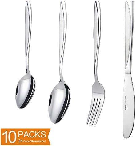 Silverware Set, MDEALY 10 Packs 24 Piece Flatware Set for 6, Stainless Steel Knive Spoons and Forks Set with Leaf Matte Handle, 6 Pcs each of Knive, Dinner Spoons, Dinner Forks, Tea/Dessert Spoons