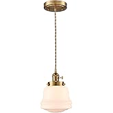 AXILAND Industrial Milk Glass Pendant Light Fixture, Vintage Brass Adjustable Schoolhouse Hanging Light, Retro Mid Century Pe