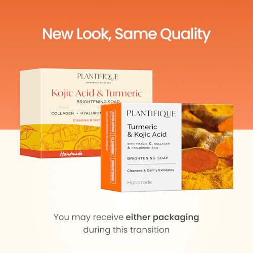 PLANTIFIQUE Kojic Acid & Turmeric Soap – Lab Tested – 4 Bars with Mesh Bag for Dark Spots & Hyperpigmentation – Face Wash with Vitamin C, Hyaluronic Acid & Collagen, 320 g