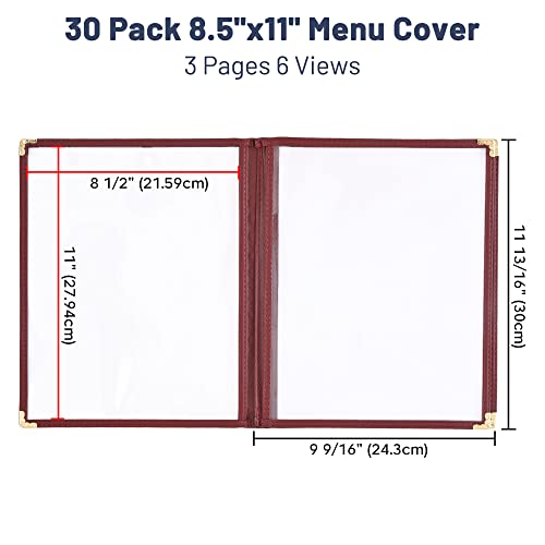 30 Pack Triple Fold Menu Covers - 3 Page 6 View Restaurant Menu Holders With Gold Corners, Fits 8.5x11 Paper