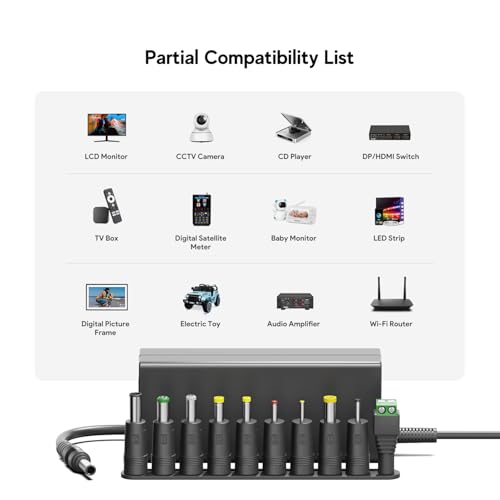 HKY 12V 5A Power Supply Power Supply Adapter Universal Charger 12v AC/DC 100-240v 50/60Hz 60W for LED Light Strips, LCD Monitors, TVs with 10 DC Plug Adapters