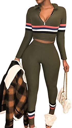 Womens 2 Pieces Sportwear Set Long Sleeve Hoodies Crop Tops+Colorblock Stripe Skinny Pants Tracksuit Set