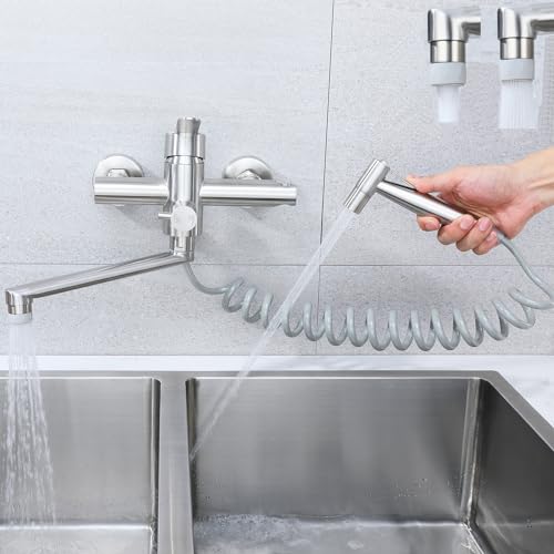 Kitchen Faucet, Wall Mounted, Kitchen Faucet with Spray Gun, 360° Rotatable 23 cm Swivel Hose, Hot and Cold, 4 Working Modes, Brushed Nickel 304