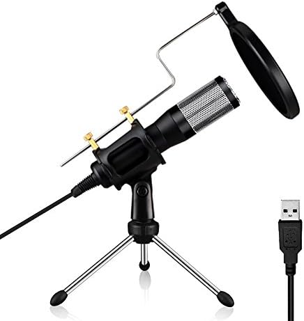 USB Recording Condenser Computer Microphone with Folding Tripod Stand and Pop Filter for Karaoke/Broadcasting