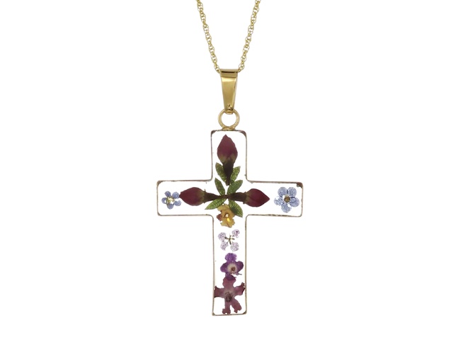 14k-Gold-Over-Sterling-Silver-Pressed-Flower-Multi-Colored-Cross-Pendant-Necklace