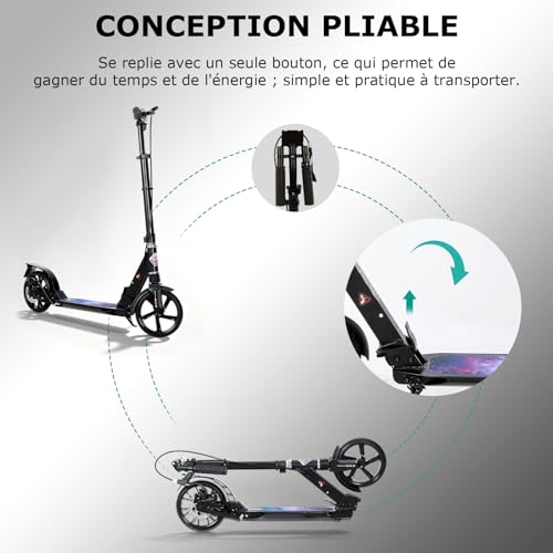ISE Folding Scooter with 2 Aluminium Wheels, Adjustable Handlebar Height, Double Shock Absorption and Braking System, Ferris Wheel with Non-Slip Tyre, for Adults and Teens from 12 Years to 100 kg