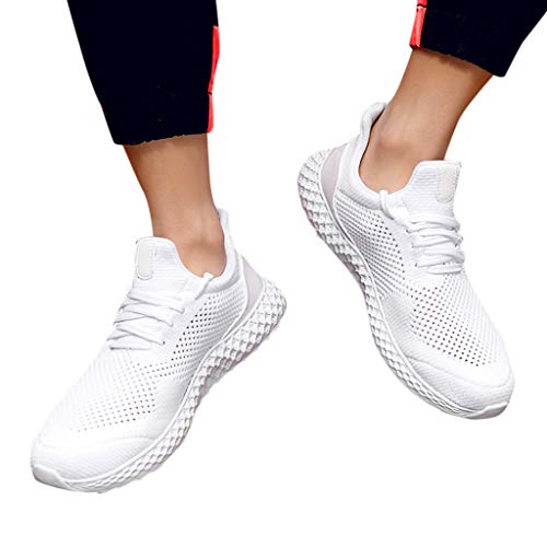 Mens Mesh Breathable Shoes Lace-up Athletic Sneakers Soft Sole Walking Running Shoes Lightweight Cross-Training Shoes (White, 41)