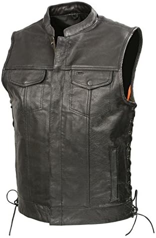 Mens SOA Leathe Club Style Vest W/Concealed Gun Pockets, Side Lace, Premium Buffalo Leather Biker Vest, Patches Friendly (Black, L)