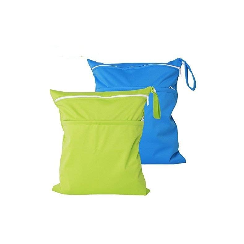 Wet Bags, Angel Love 2 Pack Baby Cloth Diaper Wet/Dry Bags with Two Zippered Pockets, Travel, Beach, Pool, Gym Bag for…