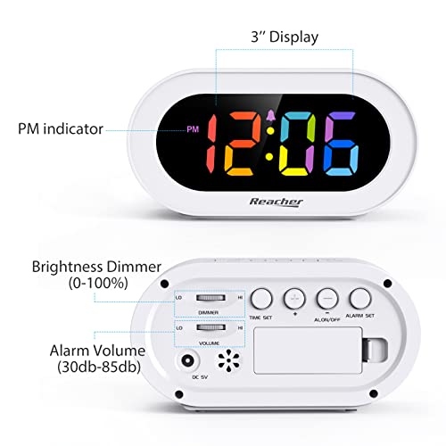 REACHER Small Colorful LED Digital Alarm Clock with Snooze, Simple to