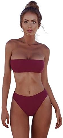 Creazrise Women's Strapless Bra Horizontal Stripe Bandeau Bikini Bottom Set Swimsuit