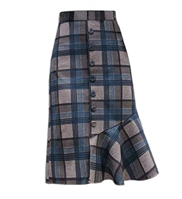 Wincolor Women's Winter Wool Blend Button-Down Plaid Mermaid Fish Tail Midi Tartan Skirt