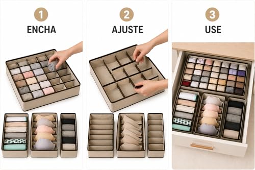 Kit Organizador de Gaveta 4 Peças, TNT Dobrável, com 24, 8, 7 e 6 Divisórias para Roupas Íntimas, Meias e Sutiã (Bege)