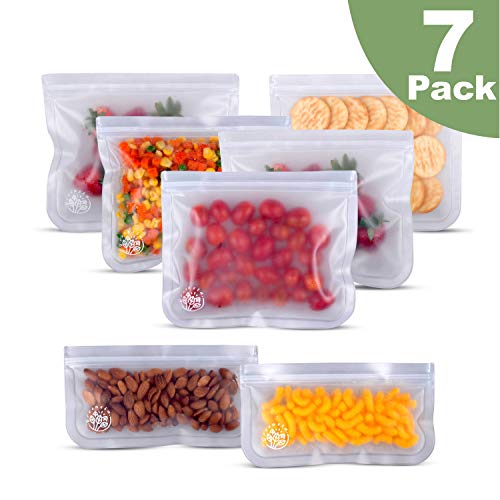 Greenzla Reusable Storage Bags (7-Pack) -FDA Grade PEVA Reusable Ziplock Lunch Bags - EXTRA THICK Freezer Safe Sandwich Bags For Food and Kitchen Organization - BPA FREE Snack Bags - 5 Large & 2 Small