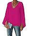 BELONGSCI Women's Casual Sweet & Cute Loose Shirt Balloon Sleeve V-Neck Blouse Top Rose Red