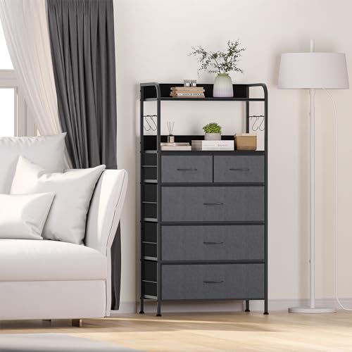 Garvee 5-Drawer Fabric Dresser, Tall Storage Organizer with Metal Frame & Wood Top, Easy Pull Handle Modern Chest of Drawers for Bedroom Hallway Entryway Closet