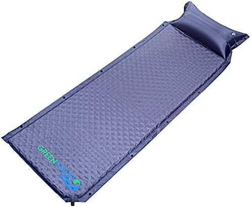 Deluxe Camping Self-Inflating Sleeping Pad W/ Attached Pillow By Green Coast – Foldable &amp; Lightweight Sleep Mattress For Camping, Hiking, Backpacking, Trekking – Non-Slip &amp; Waterproof Exterior