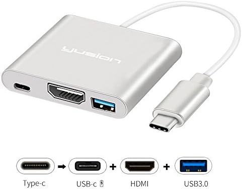 USB-C to HDMI Adapter HD 4K, Yusion USB 3.1 Type-C to HDMI Multiport AV Converter with USB 3.0 Port and USB C Charging Port for Macbook/Dell XPS13/Lumia 950XL/Samsung Galaxy S8 (Silver)