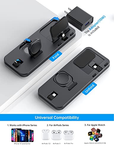 Flanmy Foldable and Portable 3 in 1 Charging Station for Apple Watch iPhone AirPods with 12W Adapter-Black