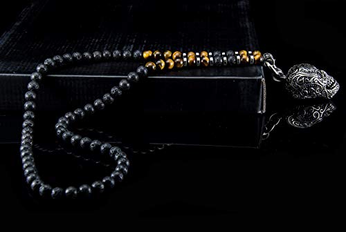 Handgefertigte Halskette Rosenkranz Totenkopf Kette für Männer Herren aus Lava Vulkan Tigerauge Halbedelstein Bikerkette aus Edelstahl Y Kette Unisex – Bild 10