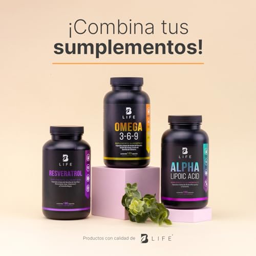 B Life Omega 3-6-9 con 180 Cápsulas | Concentración de EPA y DHA | 1000 mg con Aceite de Pescado, Linaza y Cártamo | Mezcla Completa de Ácidos Grasos Esenciales.