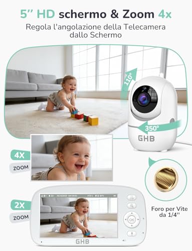 GHB Baby Monitor Video and Audio 5'' 720P Screen 5000mAh, 350°/110°, Temperature Detection, VOX, Bidirectional Intercom, Integrated Lullaby
