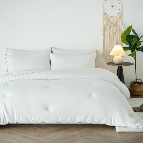 KASENTEX Lightweight Jersey Knit California King Comforter Set - Soft Bed Set - Noiseless Duvet Insert 3 Piece Solid Breathable– Light King Comforter with 2 Pillow Shams (White, 96x106”)