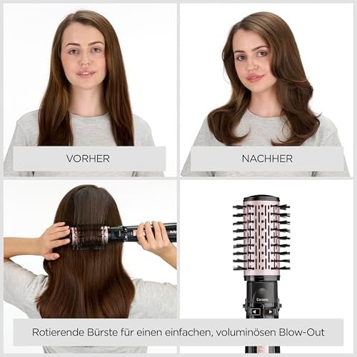 Dry, Straighten and Style - Rotierende Warmluftbürste, 1000W Ionen Rundbürstenföhn mit 4 Aufsätzen zum Föhnen, Glätten, Volumen kreieren, Schwarz, AS200E