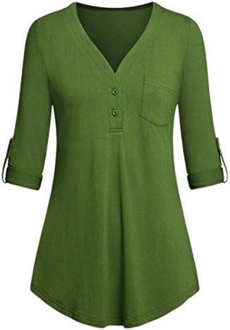 2018 Women Autumn Split V-Neck 3/4 Roll-up Sleeve Button Tops Casual Blouses Tunics Shirts by-NEWONESUN