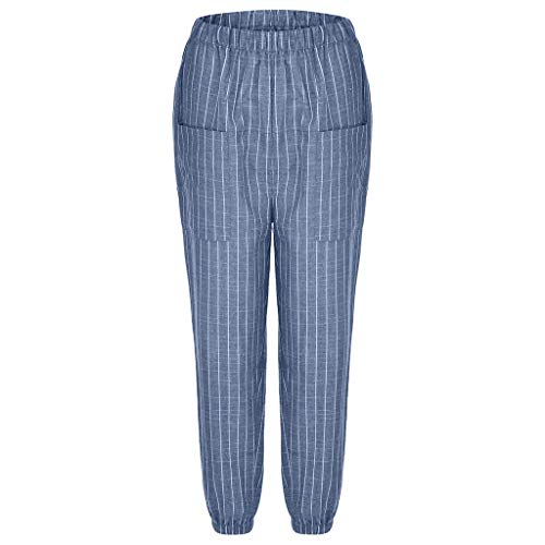Botrong Women Striped High Waist Cotton and Linen Long Pants Casual Beach Trousers Blue - Thumbnail 4